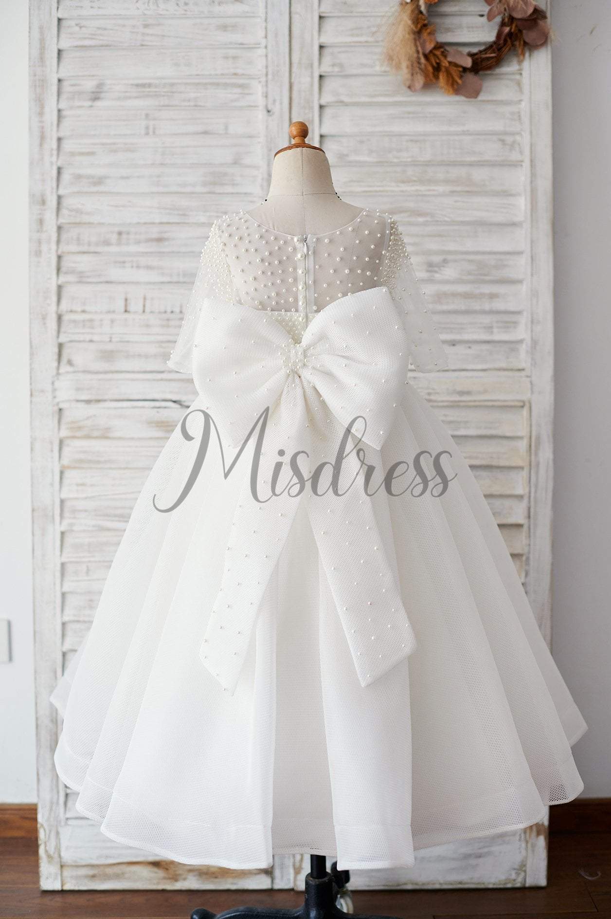 Elbow Sleeves Beaded Neoprene Tulle Wedding Flower Girl Dress with Bow - Flower Girl Dresses