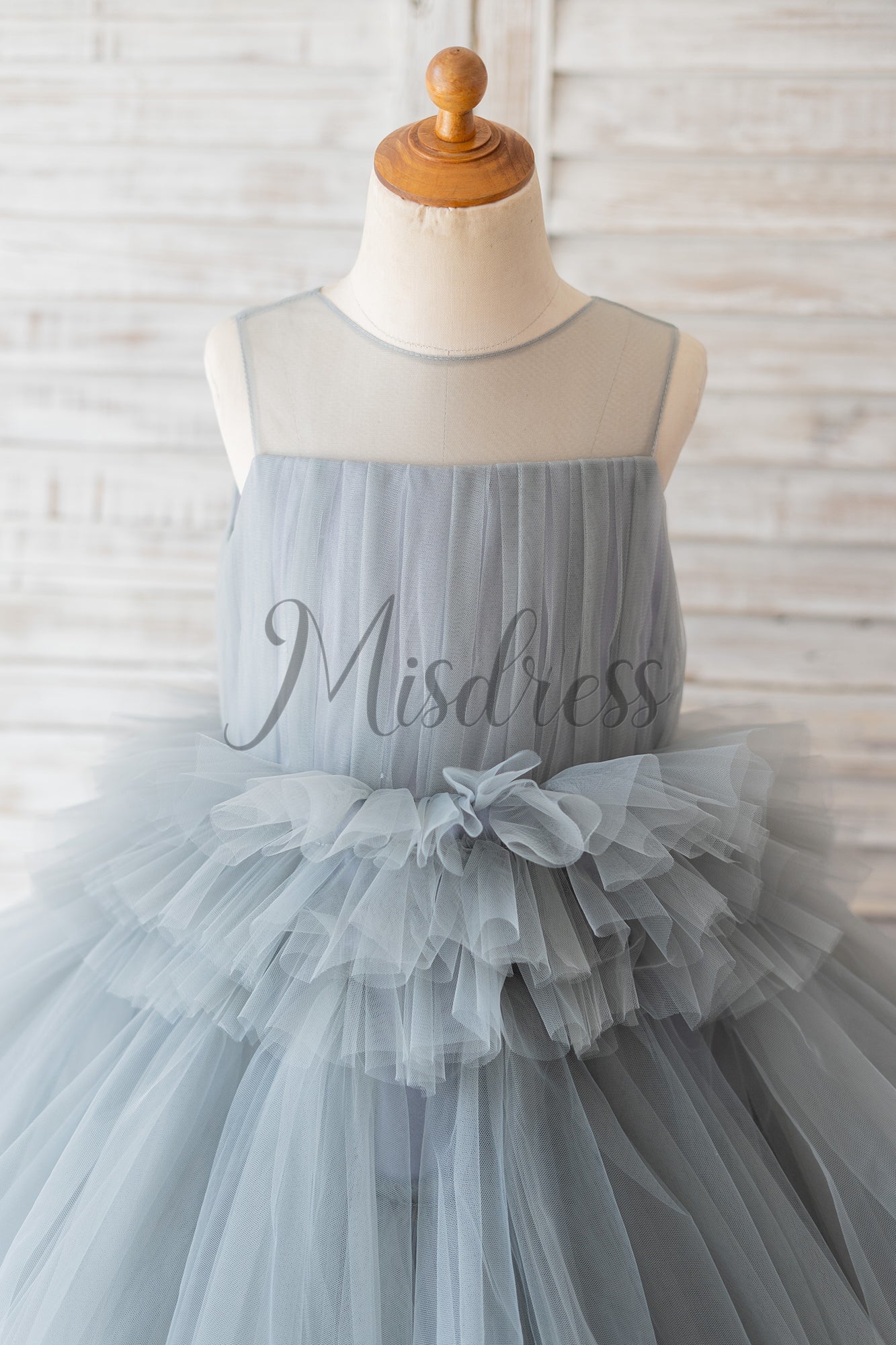 Ball Gown Gray Tulle Sheer Neck Cupcake Tea Length Wedding Flower Girl Dress