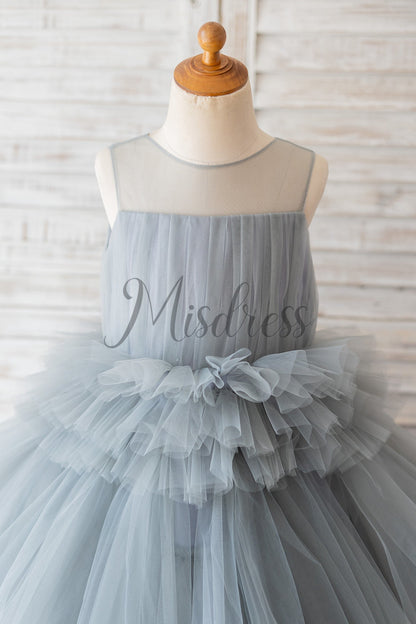 Ball Gown Gray Tulle Sheer Neck Cupcake Tea Length Wedding Flower Girl Dress