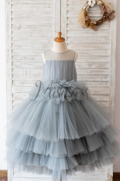 Ball Gown Gray Tulle Sheer Neck Cupcake Tea Length Wedding Flower Girl Dress