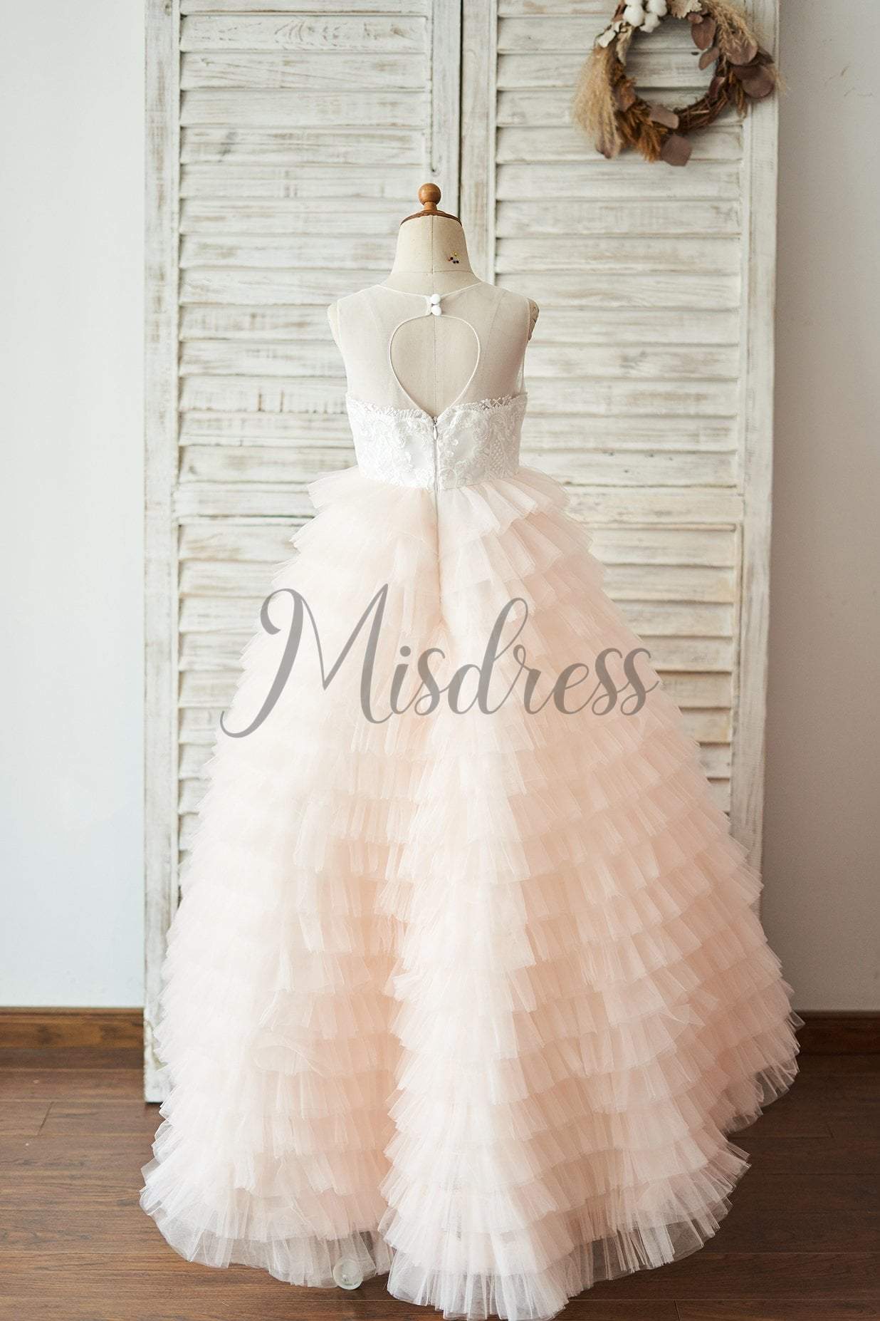 Ivory Lace Peach Pink Cupcake Tulle Keyhole Back Wedding Flower Girl Dress - Flower Girl Dresses