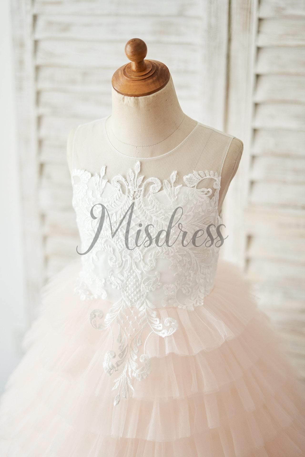 Ivory Lace Peach Pink Cupcake Tulle Keyhole Back Wedding Flower Girl Dress - Flower Girl Dresses
