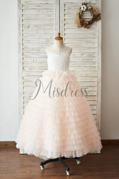 Ivory Lace Peach Pink Cupcake Tulle Keyhole Back Wedding Flower Girl Dress - Flower Girl Dresses