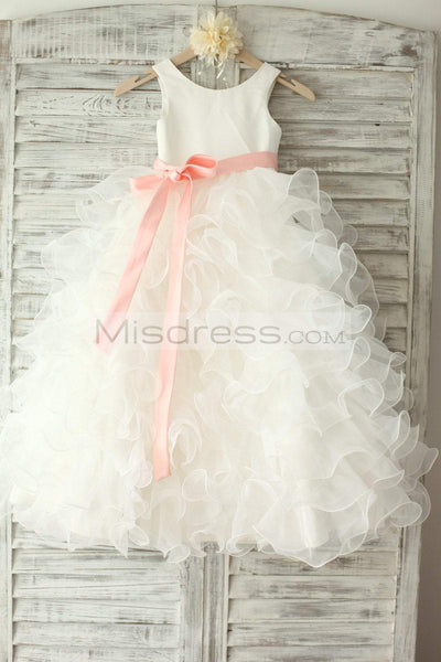 Ivory Satin Ruffle Organza Skirt Flower Girl Dress (navy blue/blush pink sash) - 1T --- Chest = 20 inches/ Waist = 19 inches/ Hollow to
