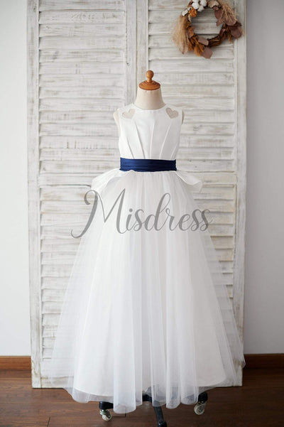 Ivory Satin Tulle Wedding Flower Girl Dress with Navy Blue Belt - Flower Girl Dresses