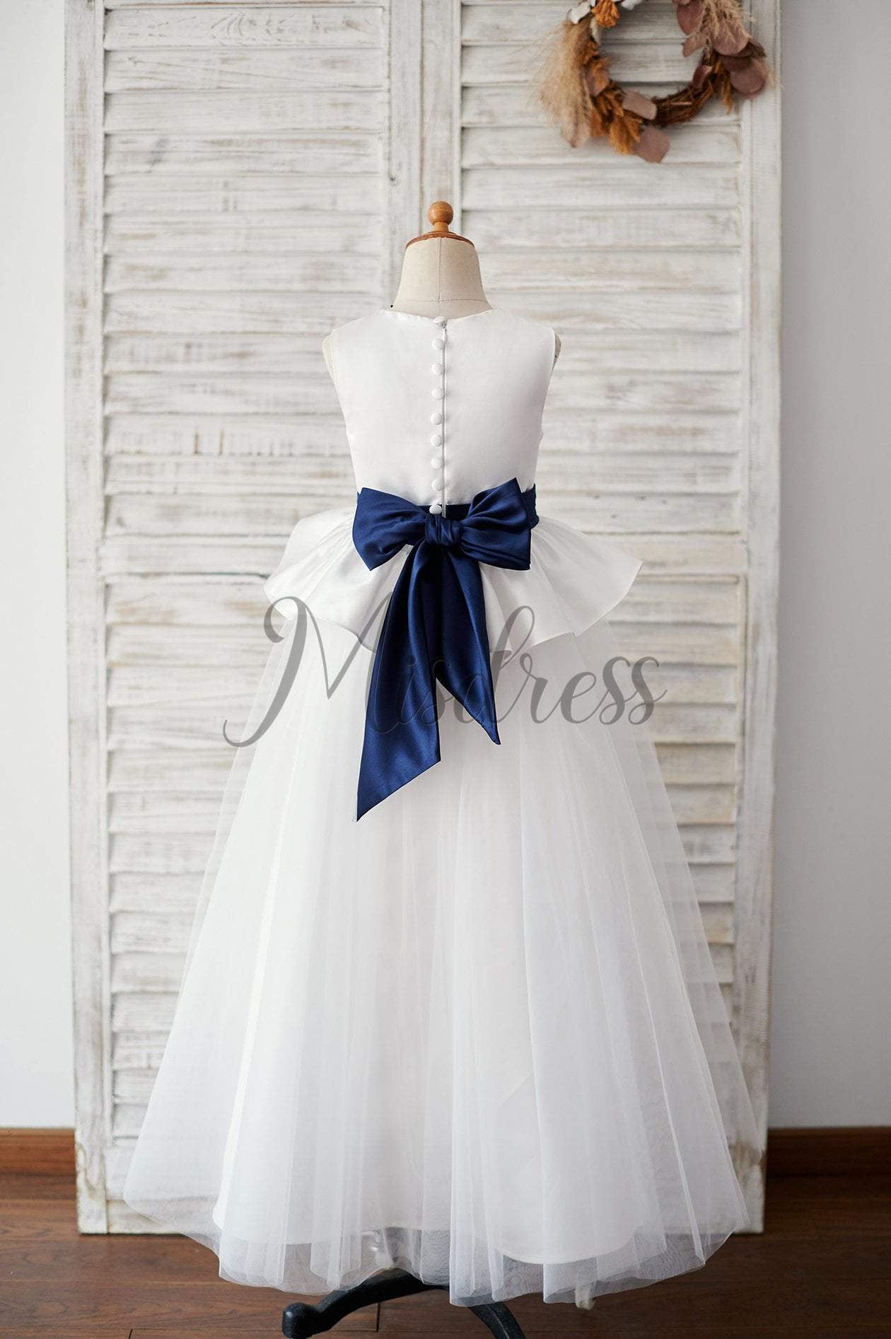 Ivory Satin Tulle Wedding Flower Girl Dress with Navy Blue Belt - Flower Girl Dresses