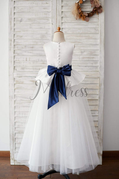 Ivory Satin Tulle Wedding Flower Girl Dress with Navy Blue Belt - Flower Girl Dresses