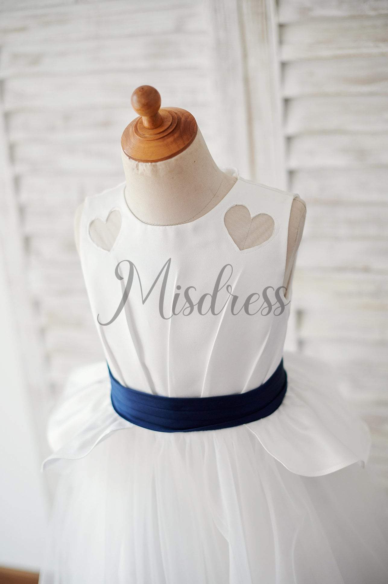Ivory Satin Tulle Wedding Flower Girl Dress with Navy Blue Belt - Flower Girl Dresses