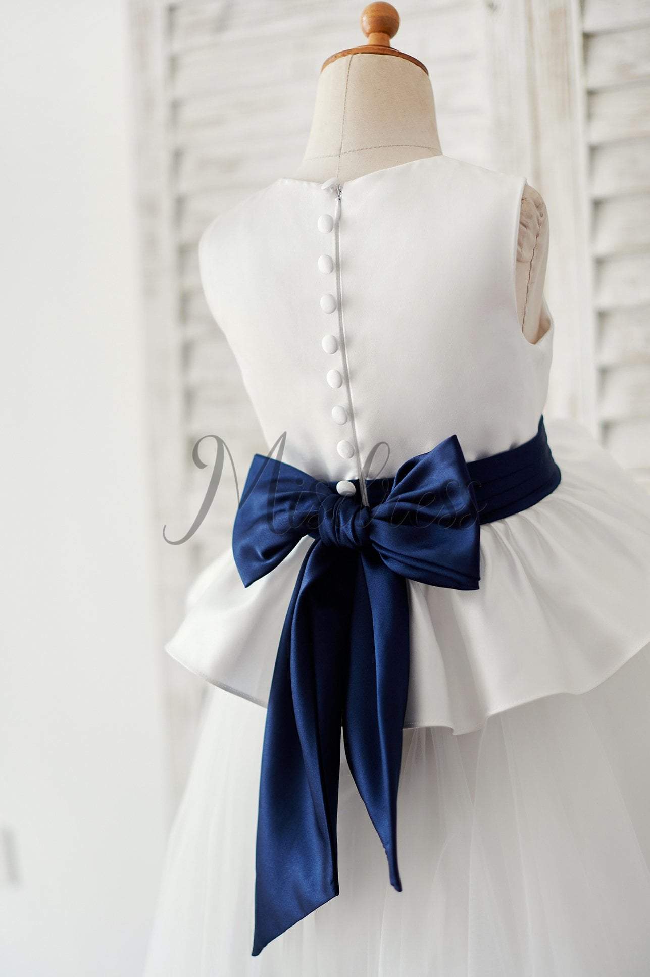 Ivory Satin Tulle Wedding Flower Girl Dress with Navy Blue Belt - Flower Girl Dresses