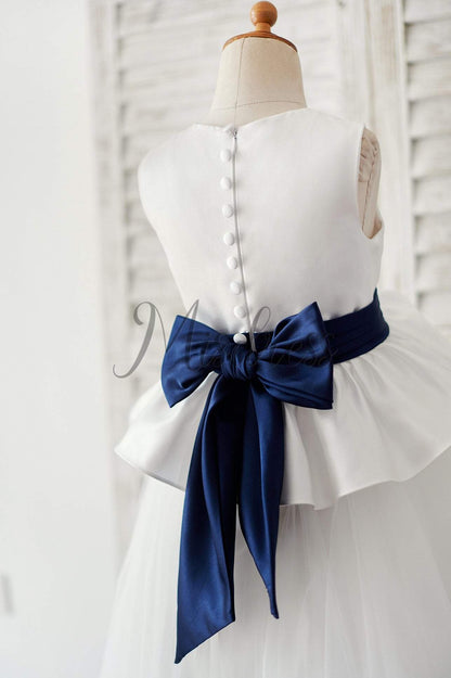 Ivory Satin Tulle Wedding Flower Girl Dress with Navy Blue Belt - Flower Girl Dresses
