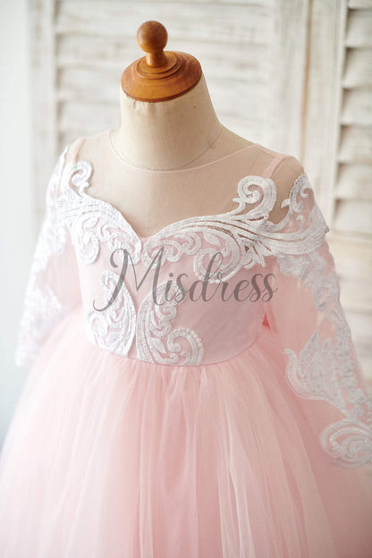 Ball Gown Long Sleeves Pink Lace Tulle Wedding Flower Girl Dress With Train - Flower Girl Dresses