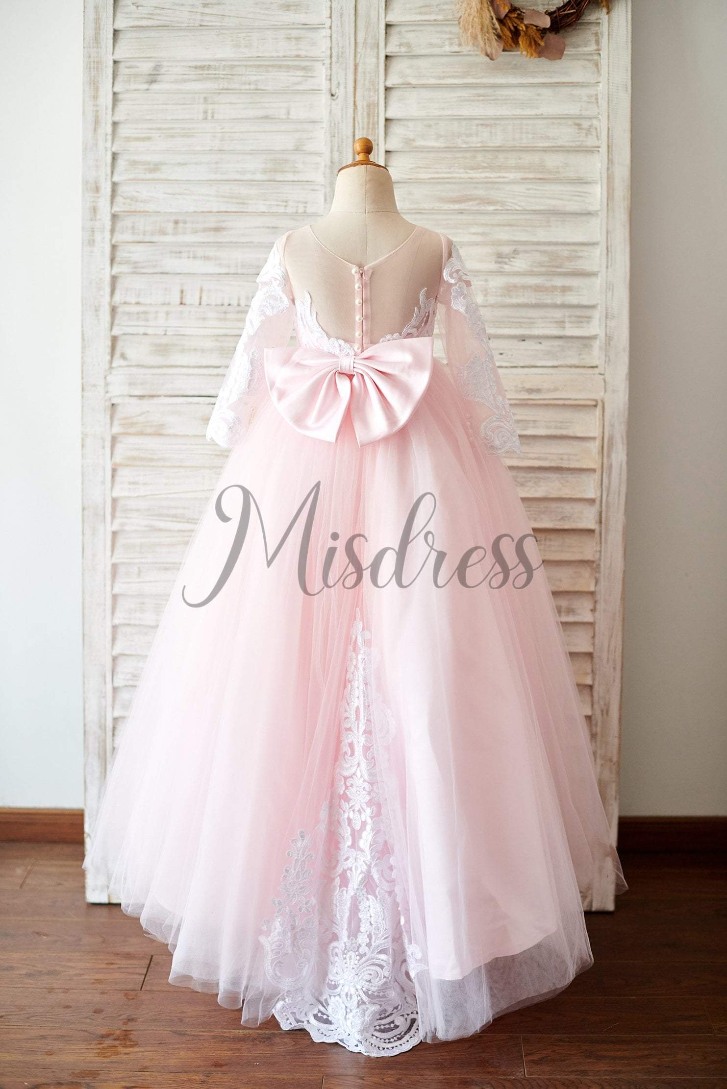 Ball Gown Long Sleeves Pink Lace Tulle Wedding Flower Girl Dress With Train - Flower Girl Dresses