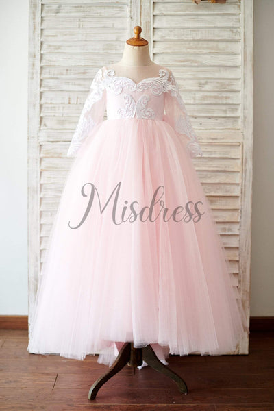 Ball Gown Long Sleeves Pink Lace Tulle Wedding Flower Girl Dress With Train - Flower Girl Dresses