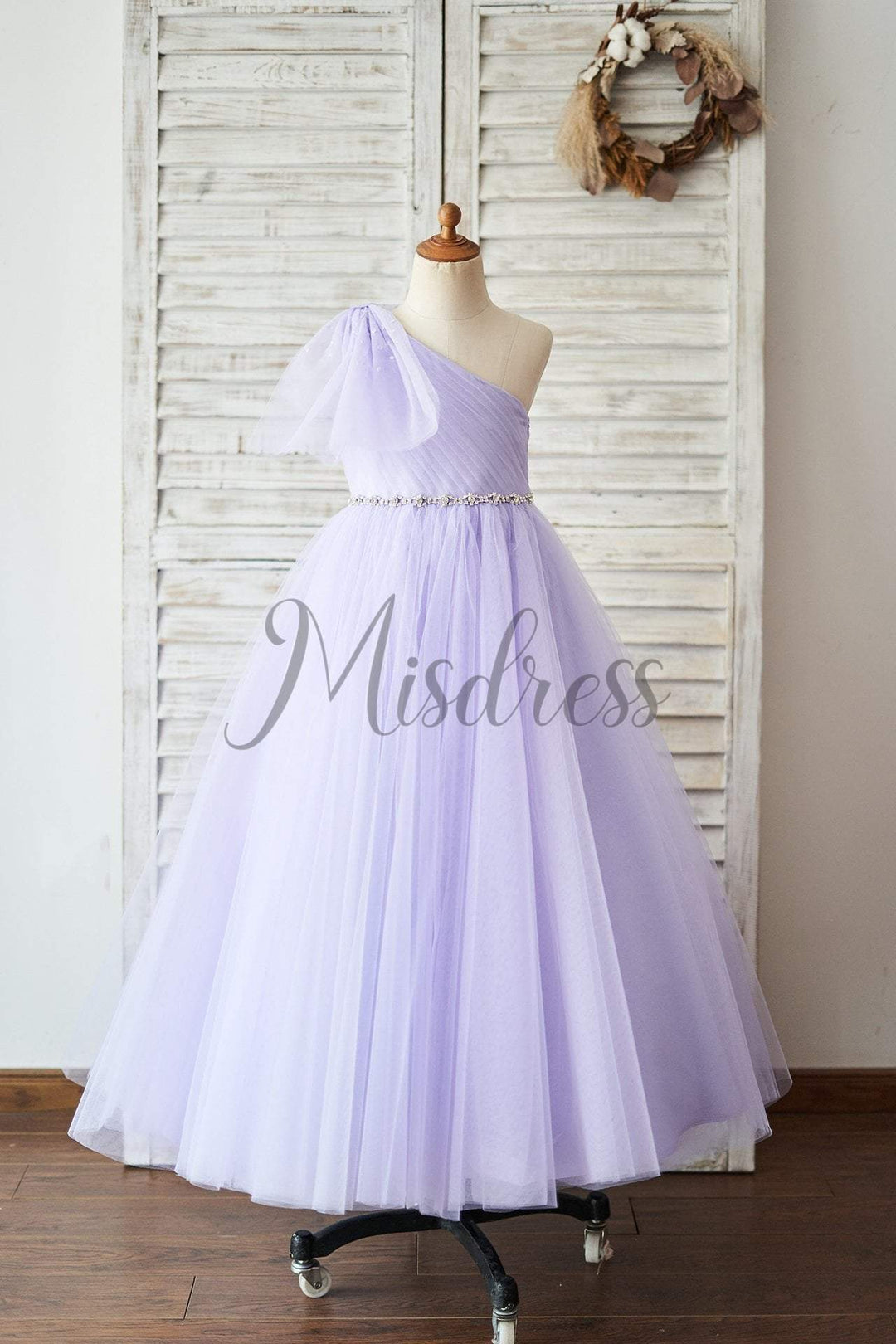 Ball Gown One Shoulder Beaded Lavender Tulle Wedding Flower Girl Dress