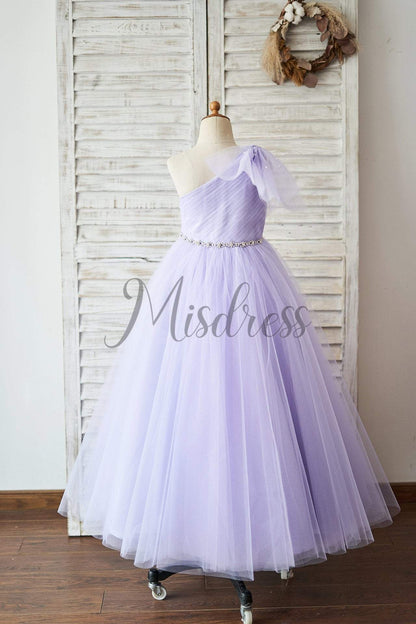 One Shoulder Beaded Lavender Tulle Wedding Flower Girl Dress - Flower Girl Dresses