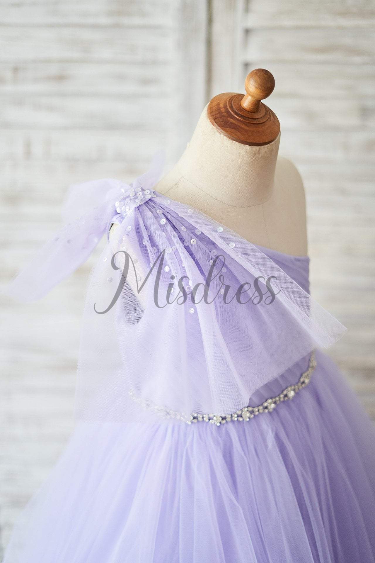 One Shoulder Beaded Lavender Tulle Wedding Flower Girl Dress - Flower Girl Dresses