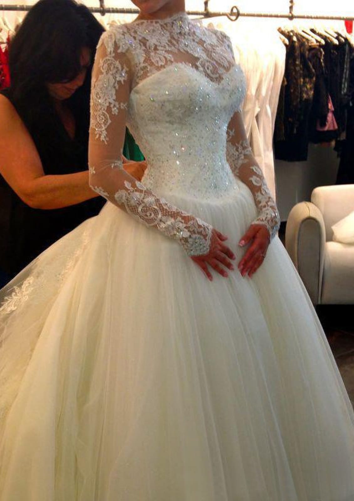 Ball Gown Scalloped Neck Long Sleeve Court Train Tulle 