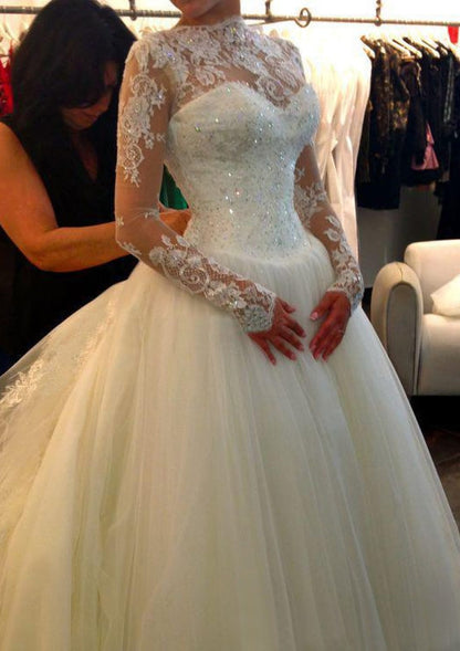 Ball Gown Scalloped Neck Long Sleeve Court Train Tulle 