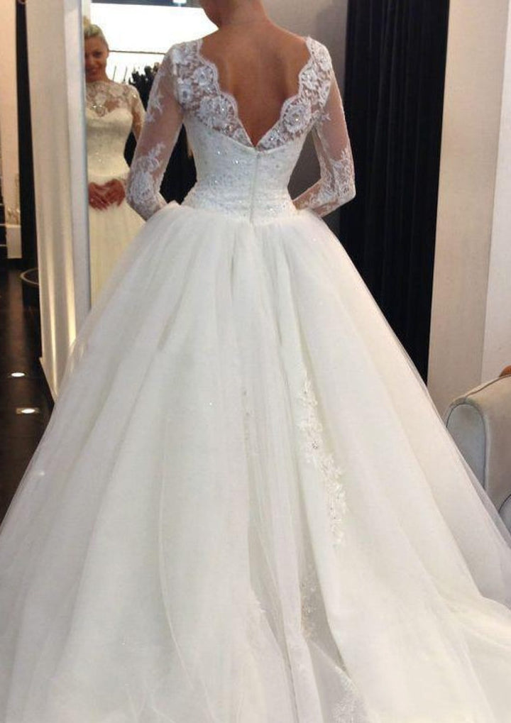 Ball Gown Scalloped Lace Long Sleeve Court Tulle Royal Wedding Dress Ball Gown Scalloped Lace Long Sleeve Court Tulle Royal Wedding Dress