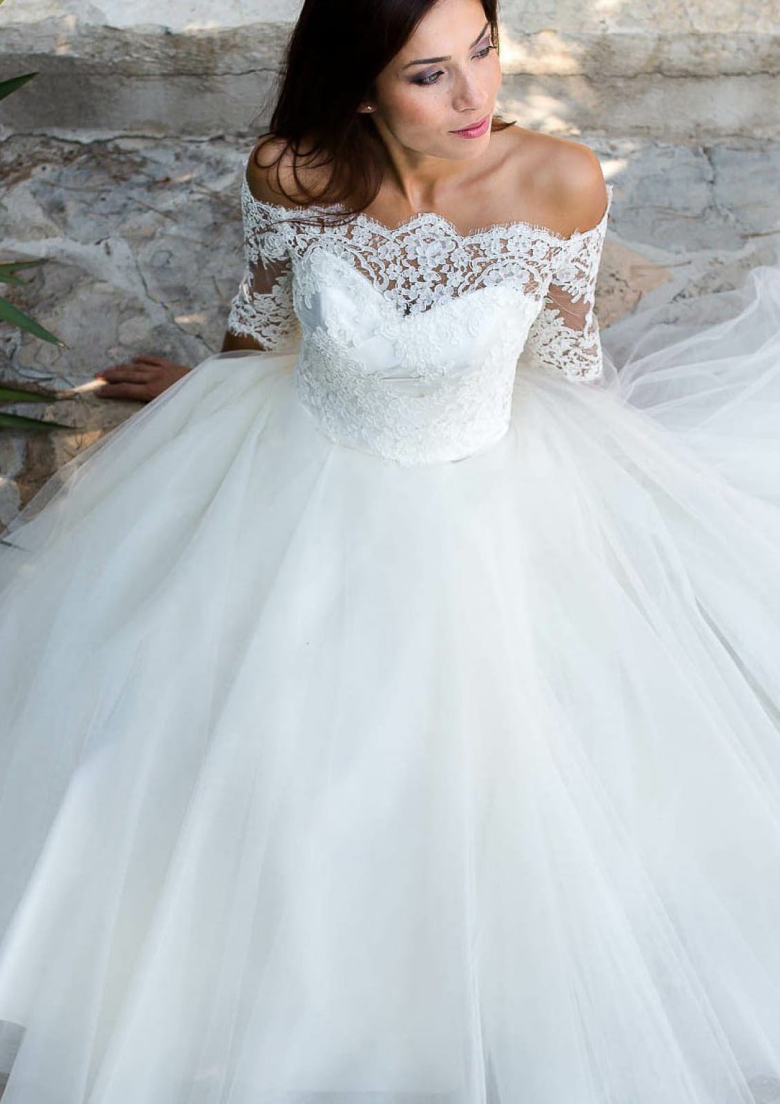 Ball Gown Off Shoulder Ankle Length Lace Tulle Wedding Dress, Pleats Ball Gown Off Shoulder Ankle Length Lace Tulle Wedding Dress, Pleats
