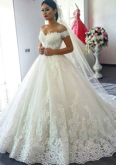 Ball Gown Off Shoulder Chapel Train Lace Tulle Wedding Dress