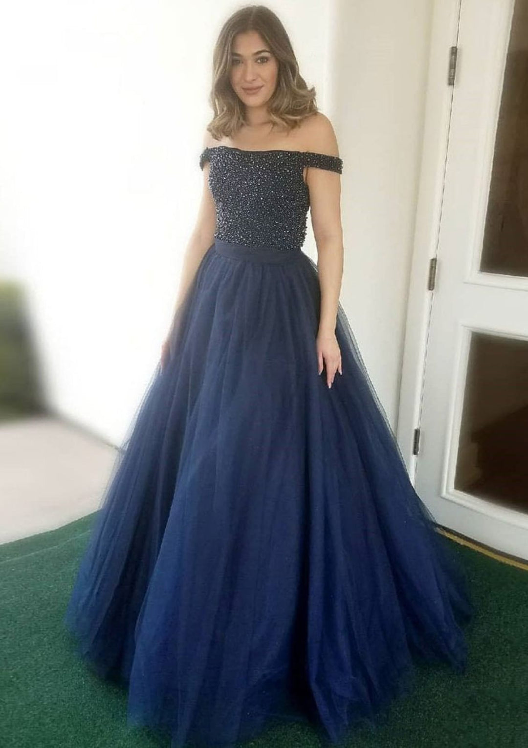 strapless open back dress Ball Gown Off Shoulder Floor-Length Navy Blue Tulle Prom Dress, Beadin