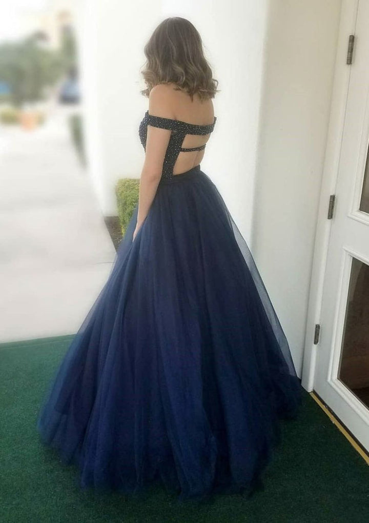 blue long sleeve dress short Tulle Prom Dress Princess V-Neck Sleeveless Navy Blue Floor Length, Be main image 1