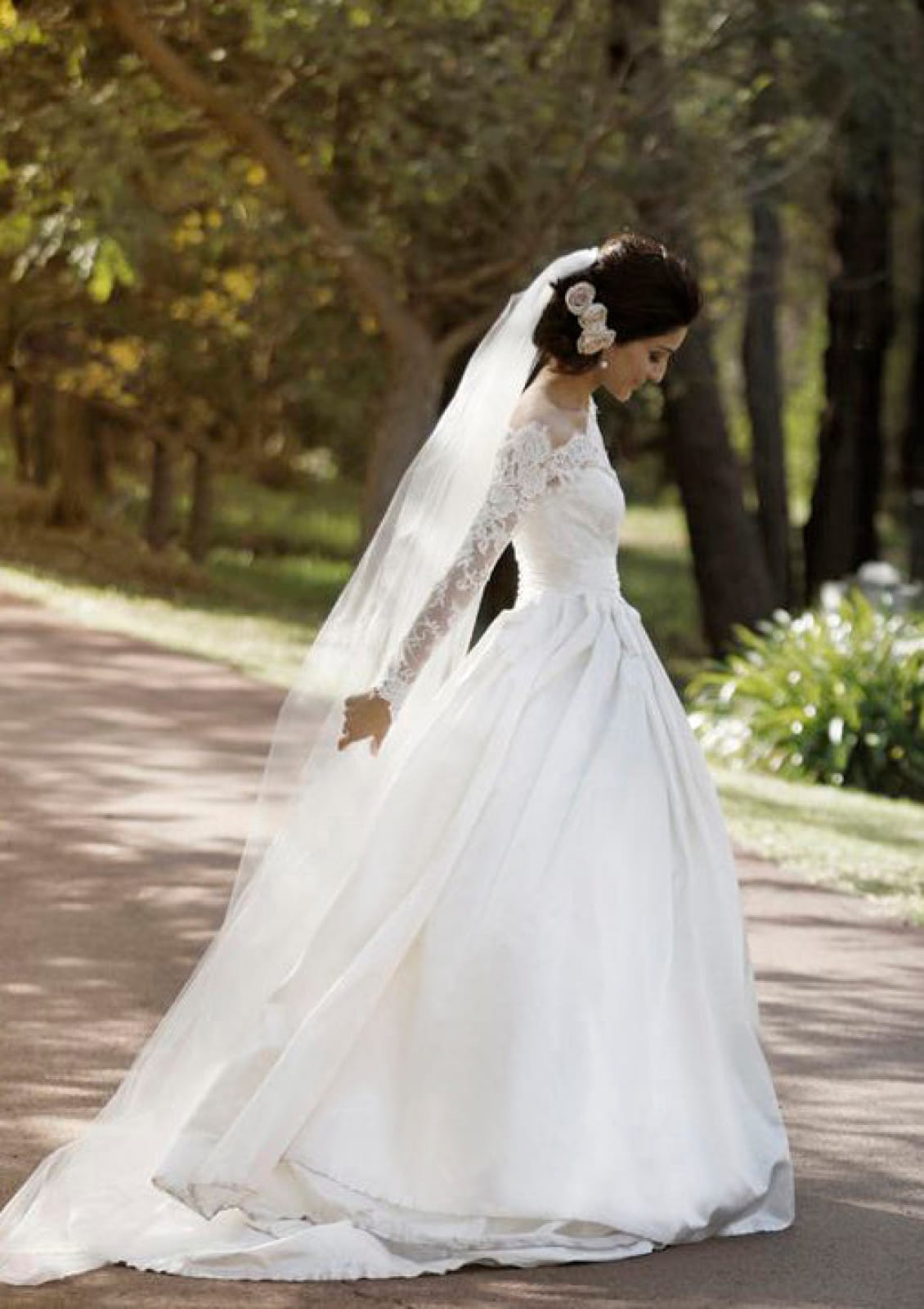 Ball Gown Off Shoulder Lace Long Sleeve Sweep Satin Bridal 