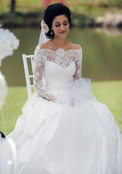 Ball Gown Off Shoulder Lace Long Sleeve Sweep Satin Bridal 