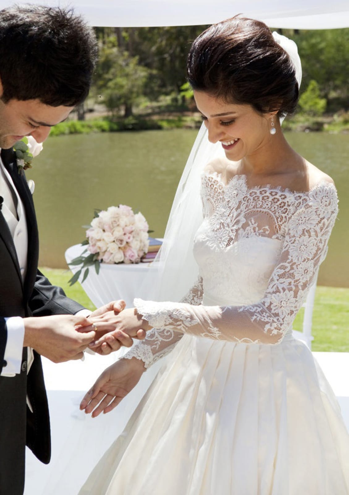 Ball Gown Off Shoulder Lace Long Sleeve Sweep Satin Bridal 