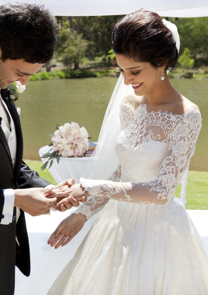 Ball Gown Off Shoulder Lace Long Sleeve Sweep Satin Bridal 