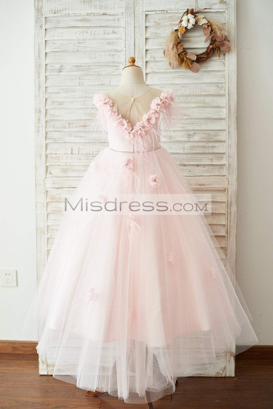 Off Shoulder Pink Tulle Feathers Wedding Party Flower Girl Dress - Flower Girl Dresses
