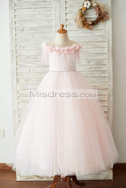 Off Shoulder Pink Tulle Feathers Wedding Party Flower Girl Dress - Flower Girl Dresses