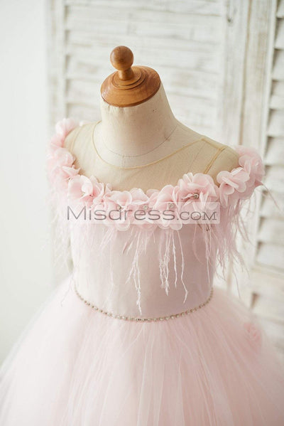 Off Shoulder Pink Tulle Feathers Wedding Party Flower Girl Dress - Flower Girl Dresses