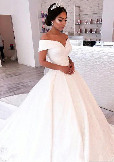 Ball Gown Off Shoulder Sweetheart Chapel Lace Wedding Dress 