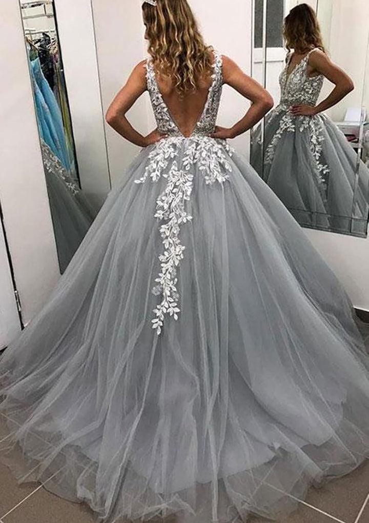 Ball Gown Sleeveless Illusion Neck Long Gray Tulle Prom Dress Lace Beading