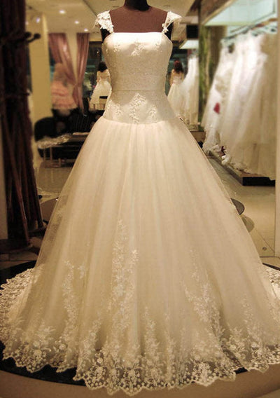 Ball Gown Square Neck Court Train Lace Tulle Wedding Dress -