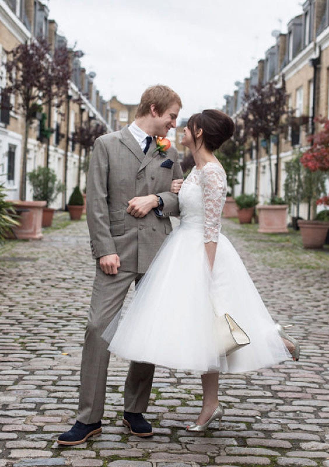 Scalloped Bateau 3/4 Sleeve Lace Tulle Ball Gown Tea Length 