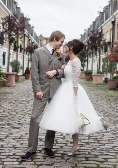 Scalloped Bateau 3/4 Sleeve Lace Tulle Ball Gown Tea Length 
