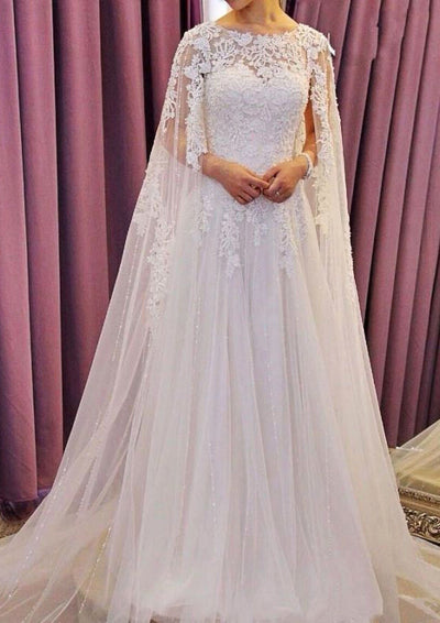 Bateau Beaded A-Line Chapel Tulle Wedding Dress with Cape 