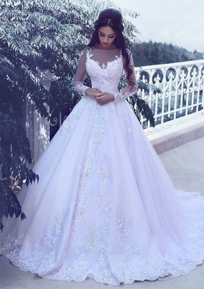 Bateau Illusion Long Sleeve Lace Court Princess Bridal 