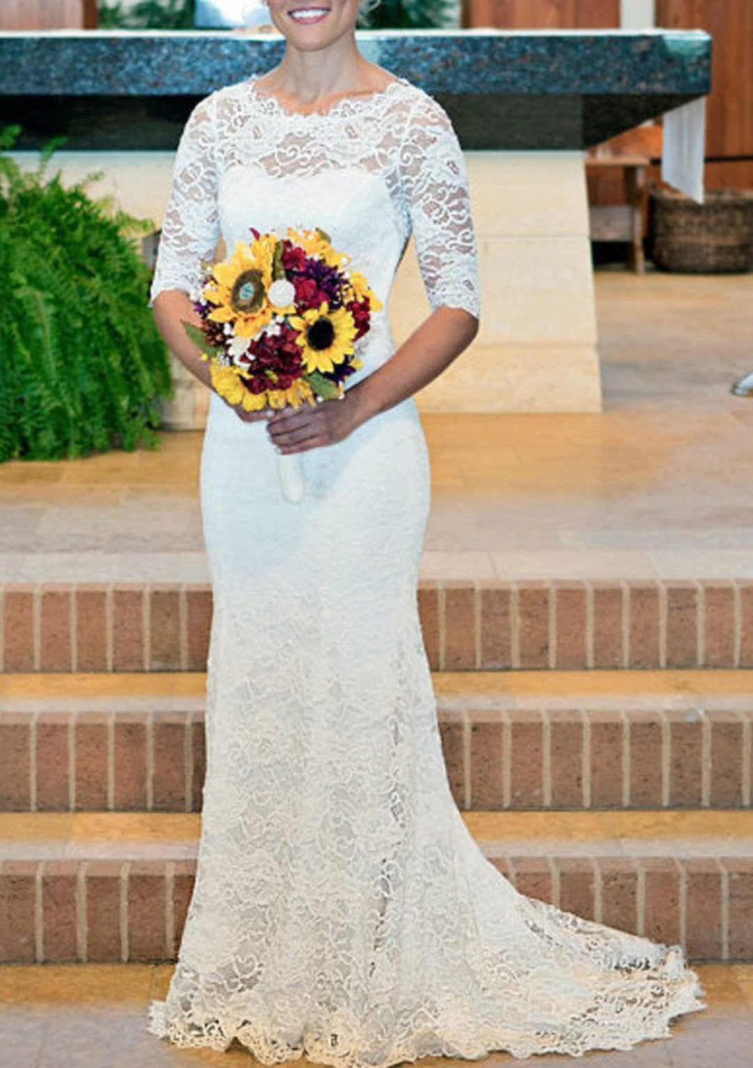column bridal dress Bateau Keyhole Back Lace Sweep Train Column Wedding Dress
