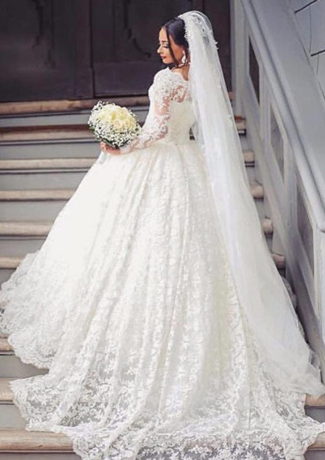 Bateau Long Sleeve Court Train Lace Ball Gown Wedding Dress 