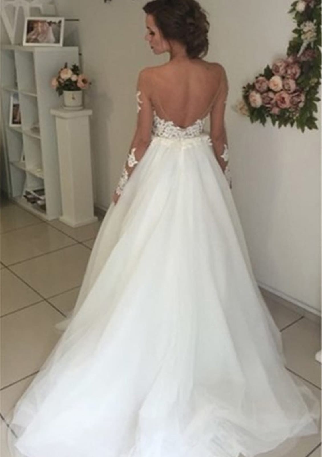 Bateau Open Back Ivory Tulle Court Princess Wedding Dress - 