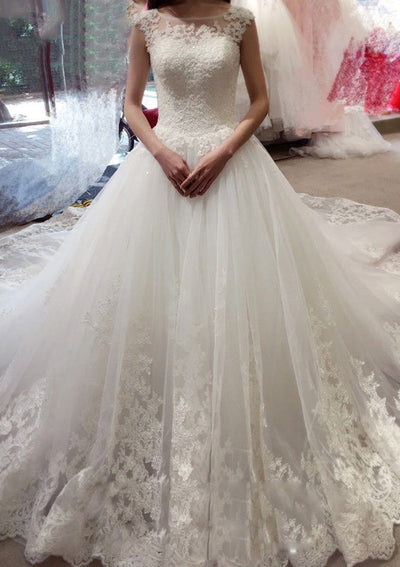 Bateau Cap Sleeve Cathedral Lace Tulle Princess Wedding 