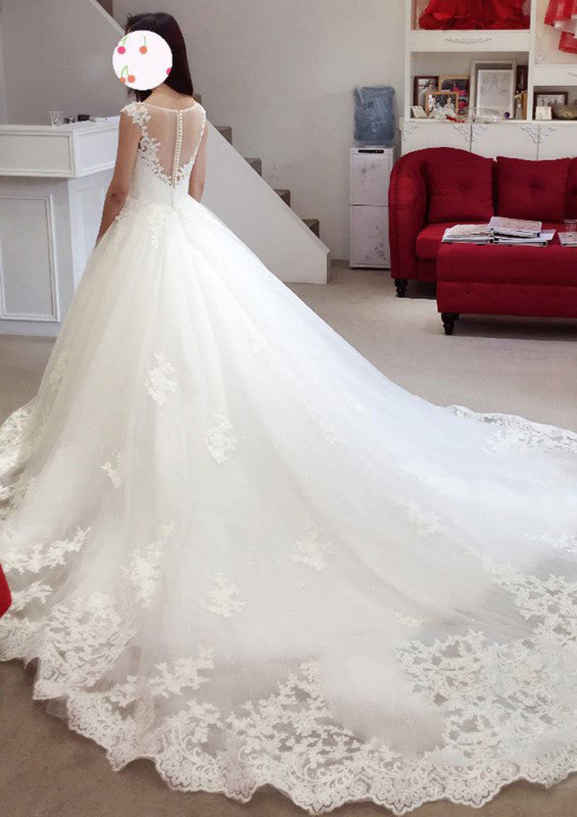 Bateau Cap Sleeve Cathedral Lace Tulle Princess Wedding 