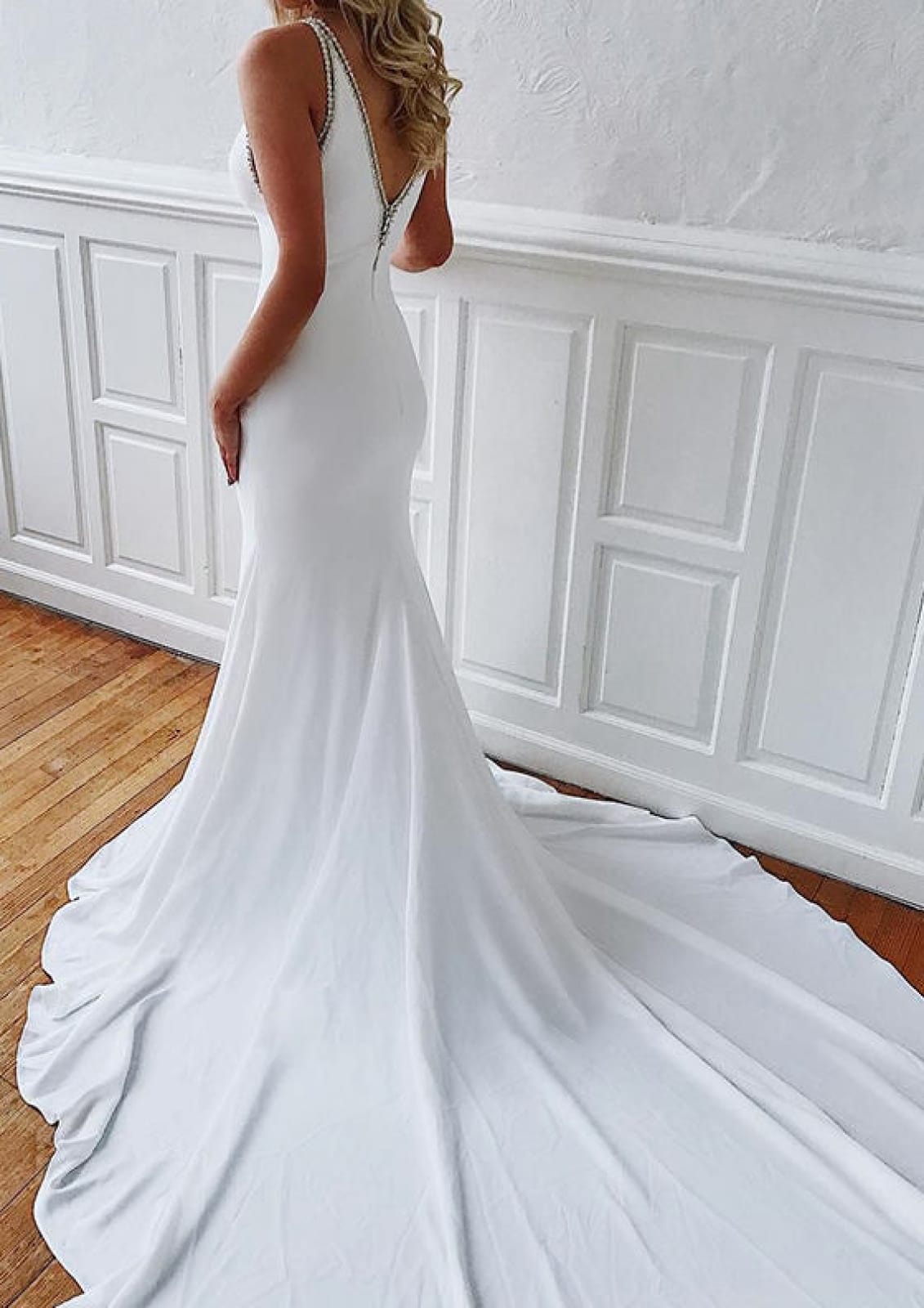 Beading Bateau Sleeveless V Back Mermaid Elastic Satin 