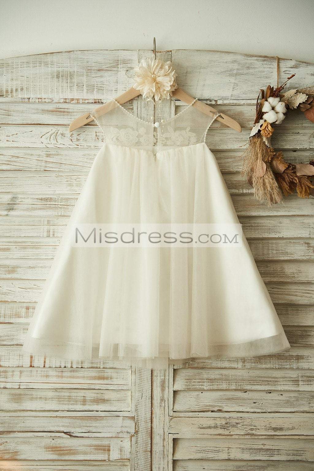 Sheer Neck Ivory Tulle Lace Wedding Flower Girl Dress with Pearls - Flower Girl Dresses