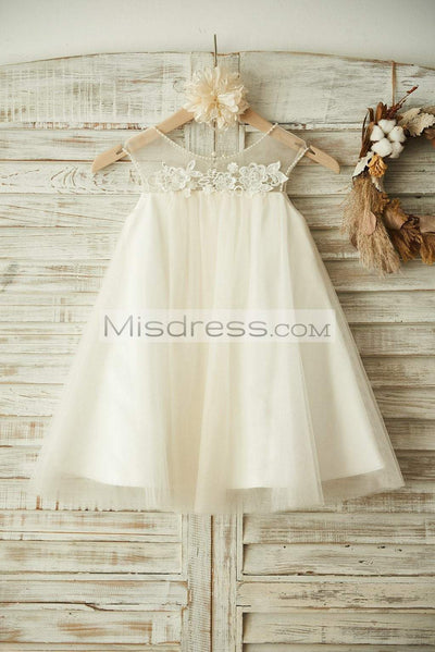 Sheer Neck Ivory Tulle Lace Wedding Flower Girl Dress with Pearls - Flower Girl Dresses