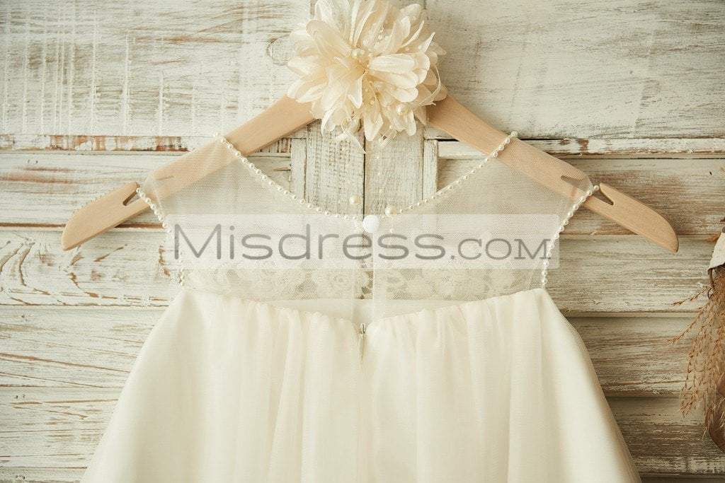 Sheer Neck Ivory Tulle Lace Wedding Flower Girl Dress with Pearls - Flower Girl Dresses
